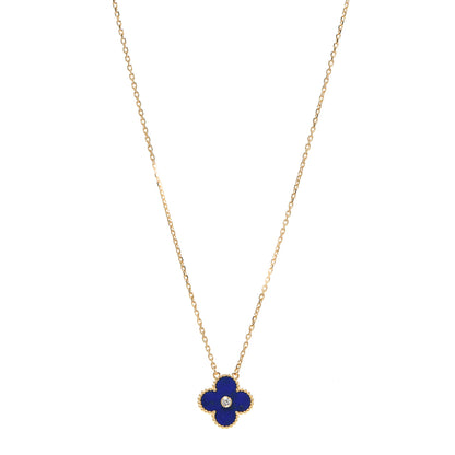 Van Cleef & Arpels 18K Yellow Gold Diamond Lapis Lazuli Vintage Alhambra Pendant Necklace 1 of 6