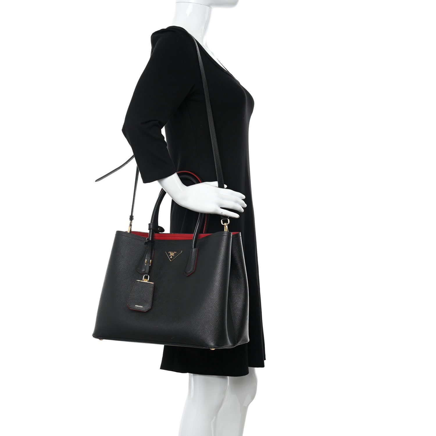 Prada Saffiano Cuir Medium Double Bag Black Fuoco 2 of 17