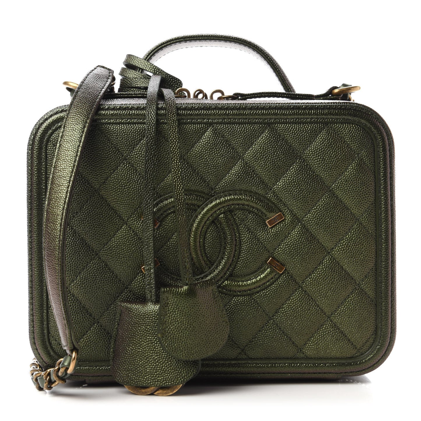 Iridescent Caviar Quilted Medium CC Filigree Vanity Case Green