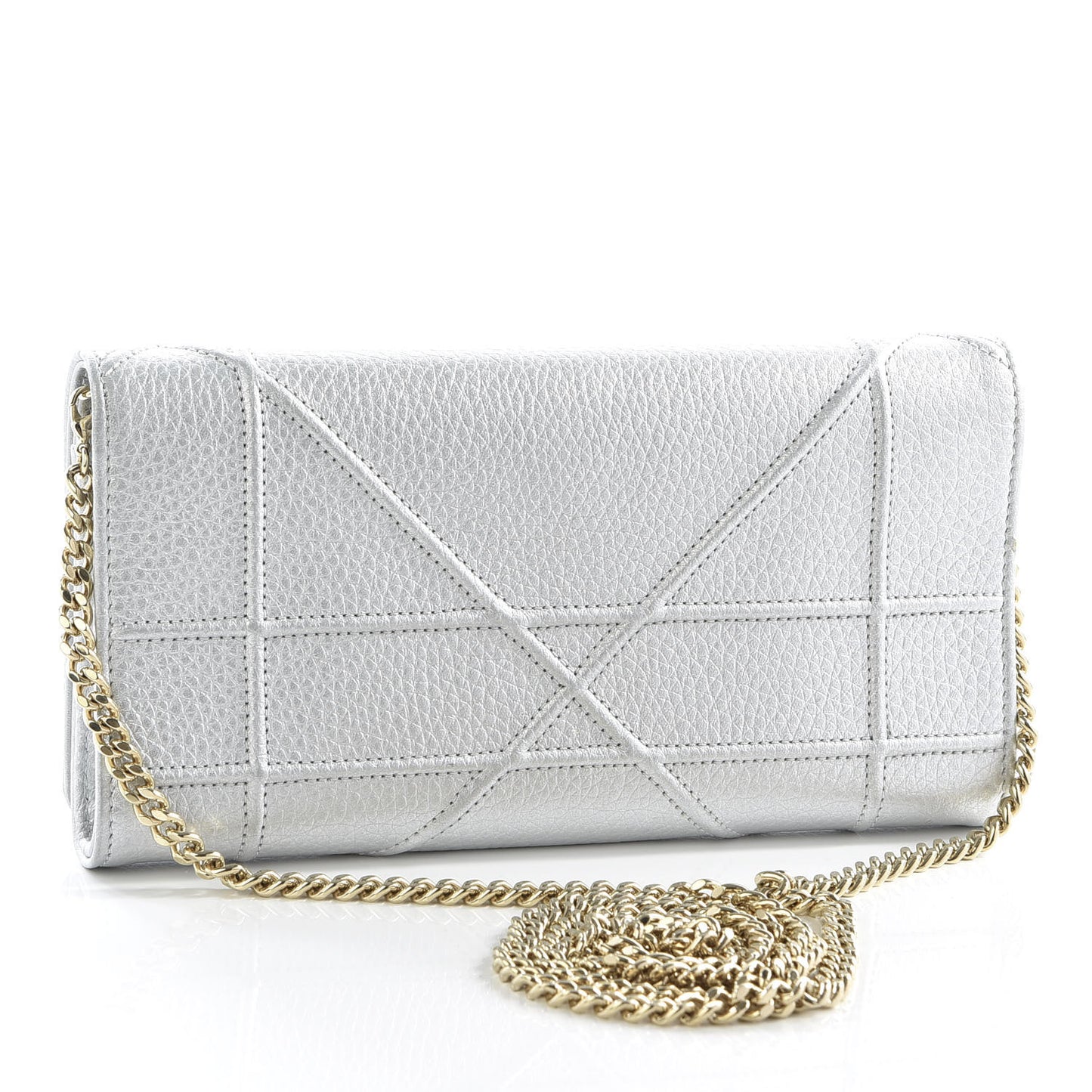 Metallic Grained Calfskin Diorama Croisiere Chain Wallet Silver