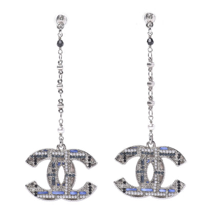 Chanel Pearl Crystal CC Tweed Drop Earrings Silver Blue Black 1 of 4