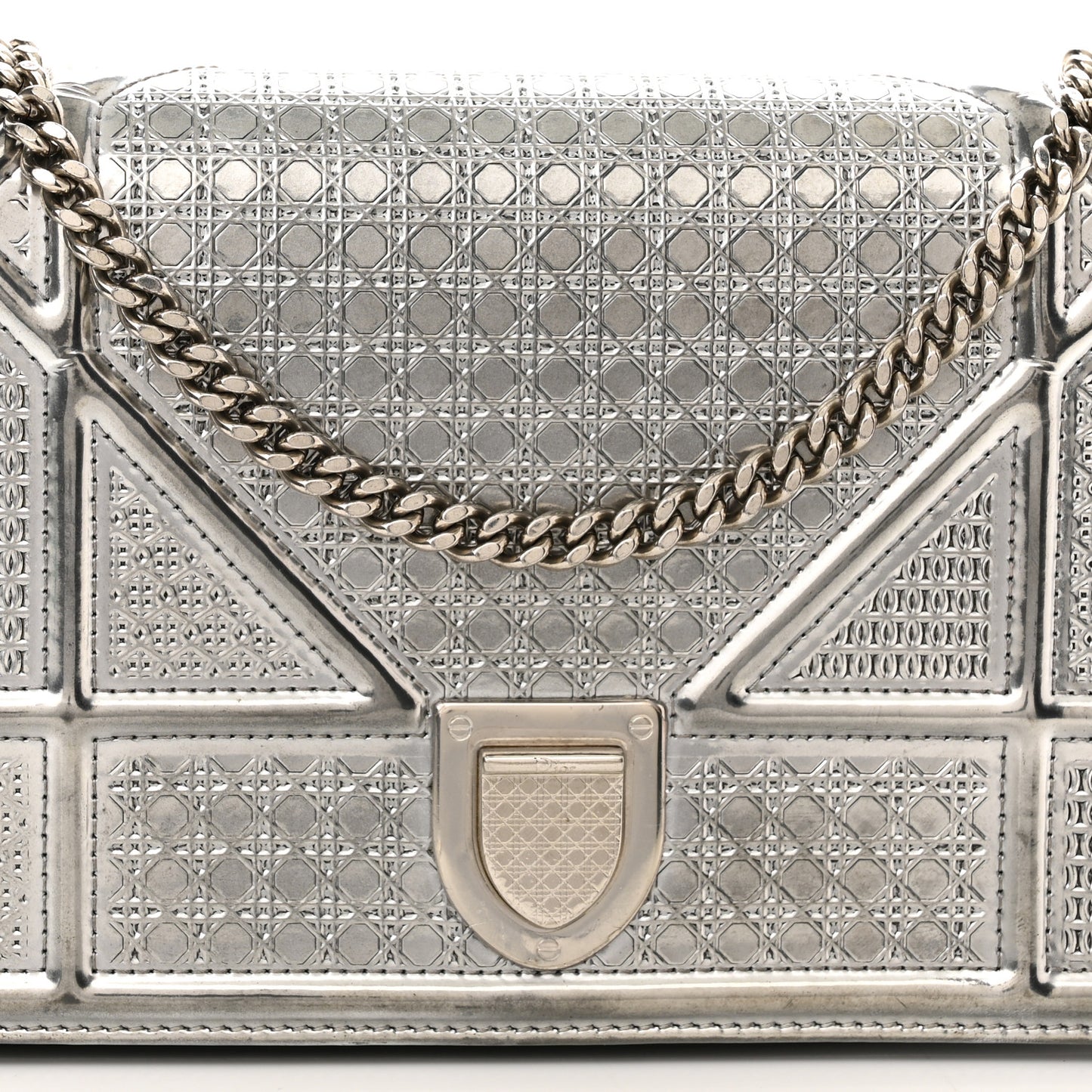 Metallic Patent Micro-Cannage Diorama Wallet on Chain Pouch Silver