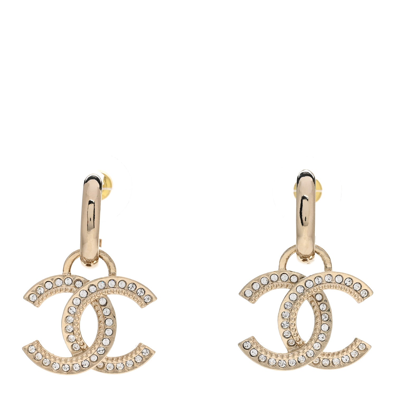 Chanel Metal Crystal CC Hoop Drop Earrings Gold 1 of 5