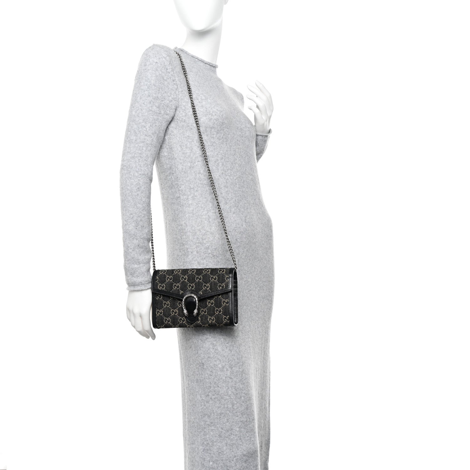 Gucci Jacquard Black Denim GG Monogram Mini Dionysus Chain Wallet Black Ivory 2 of 10