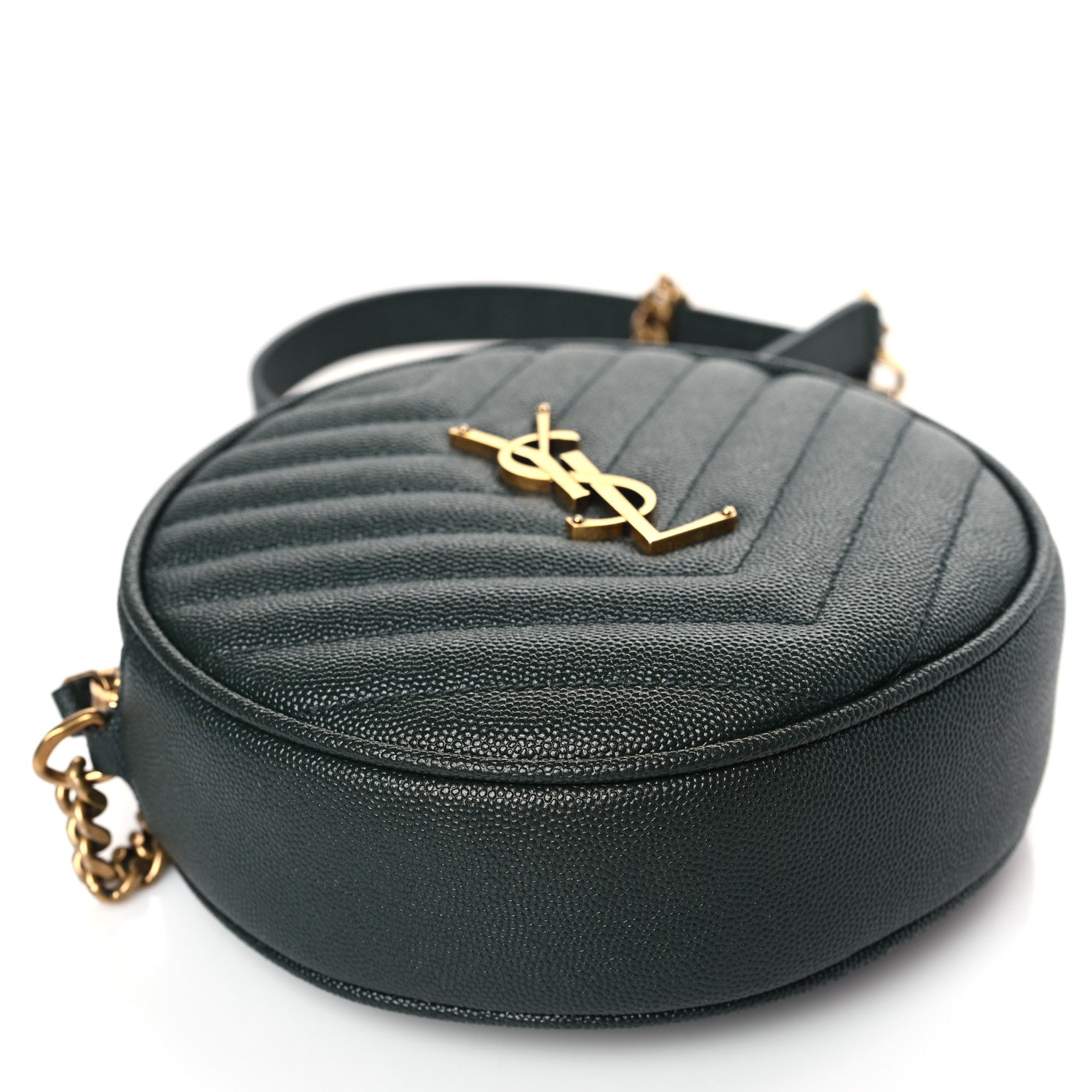 Saint Laurent Grain De Poudre Matelasse Chevron Quilted Round Vinyle Camera Bag New Vert Fonce 8 of 10