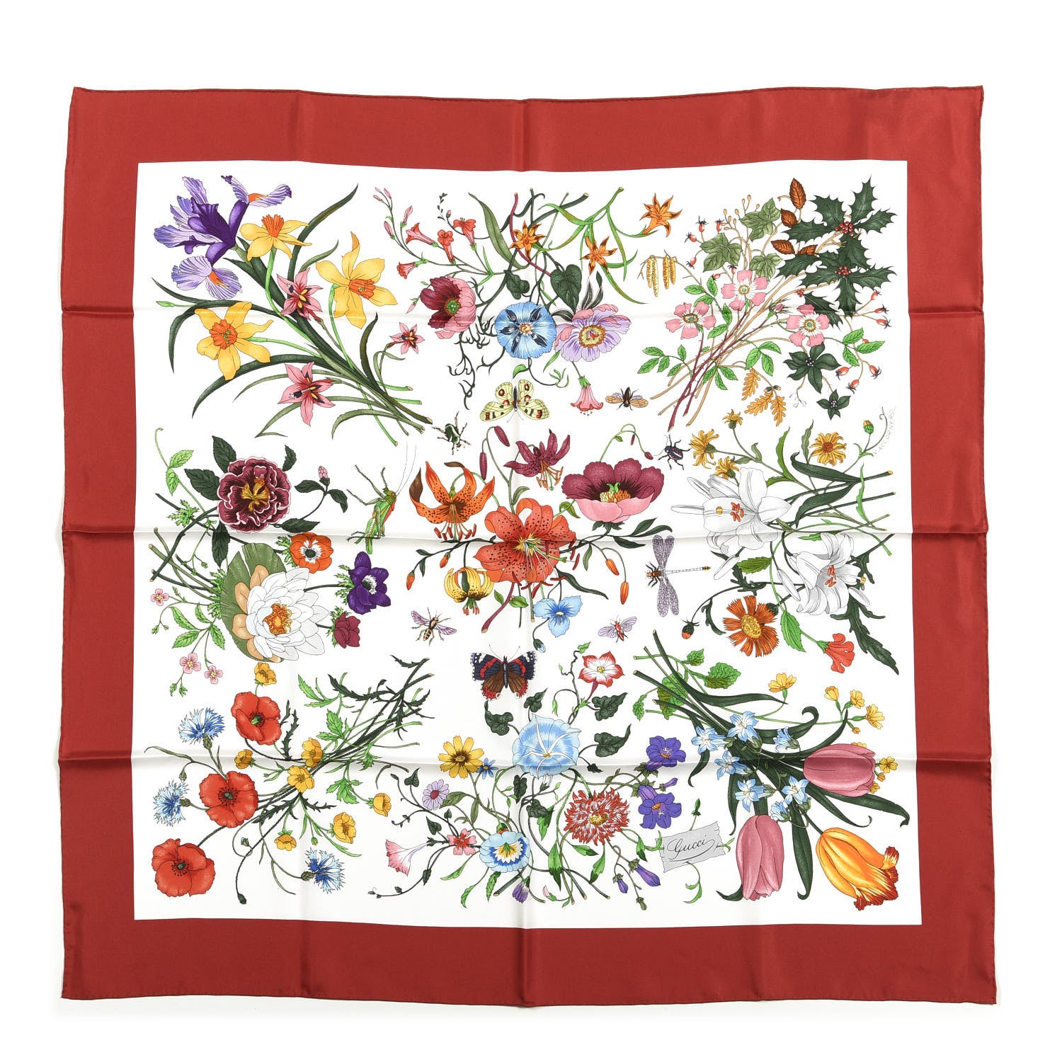 Gucci Silk Twill Flora Square Scarf Ivory Red 1 of 4