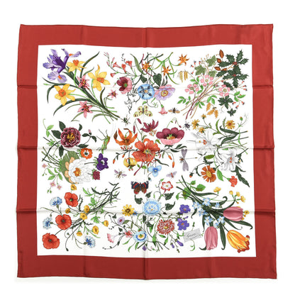 Gucci Silk Twill Flora Square Scarf Ivory Red 1 of 4