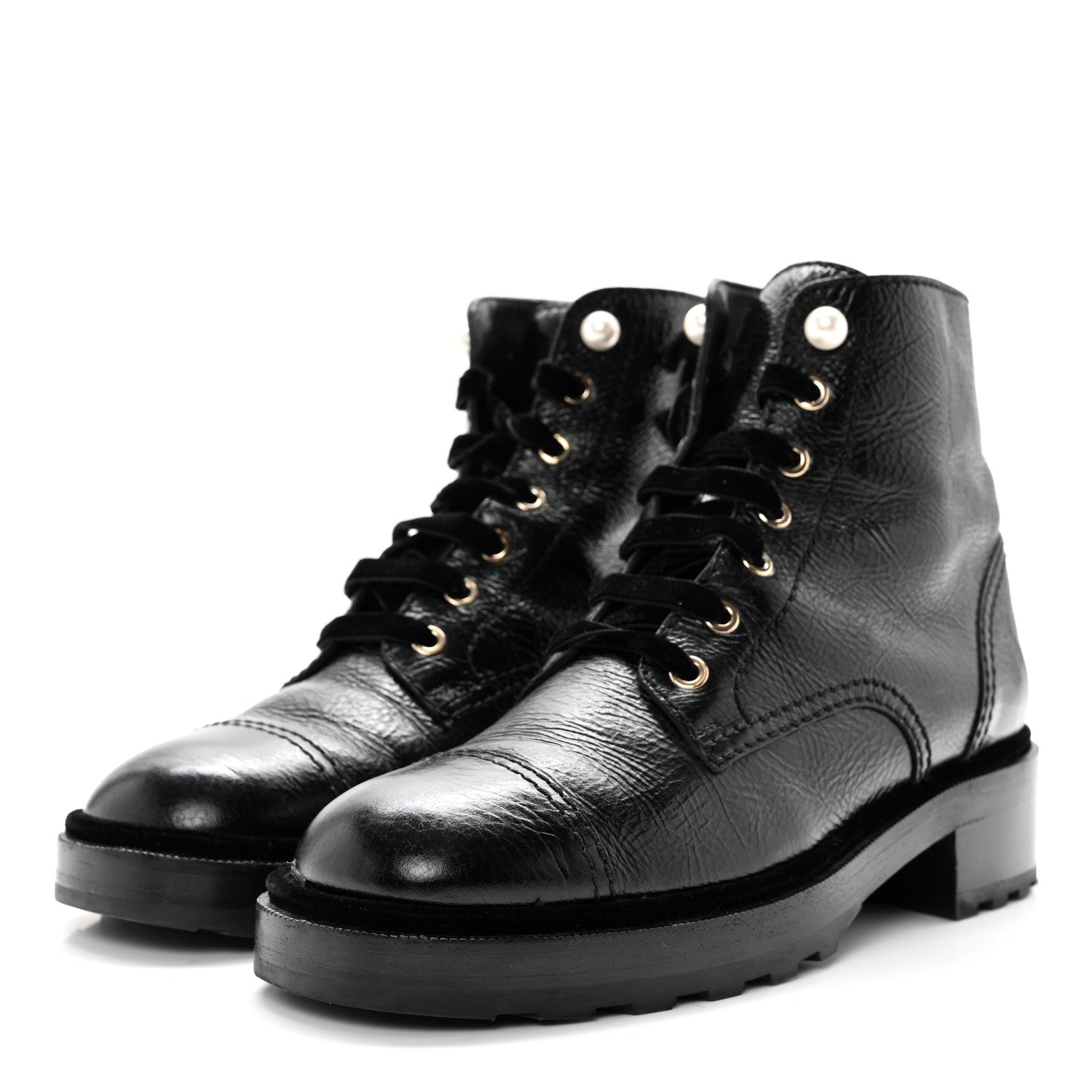 Chanel Shiny Calfskin Velvet Pearl Combat Short Boots 40 Black 3 of 13