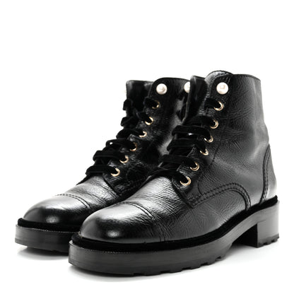 Chanel Shiny Calfskin Velvet Pearl Combat Short Boots 40 Black 3 of 13