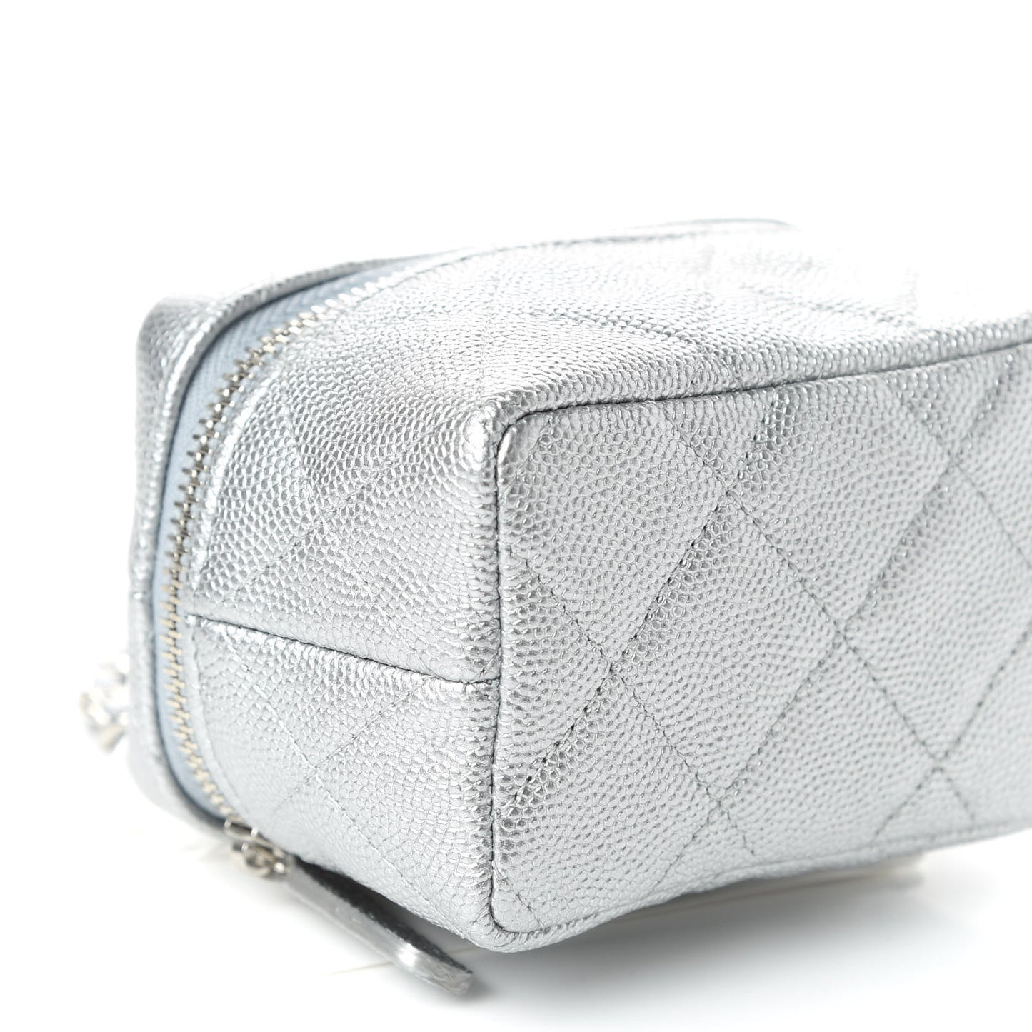 Metallic Caviar Quilted Mini Top Handle Vanity With Chain Silver
