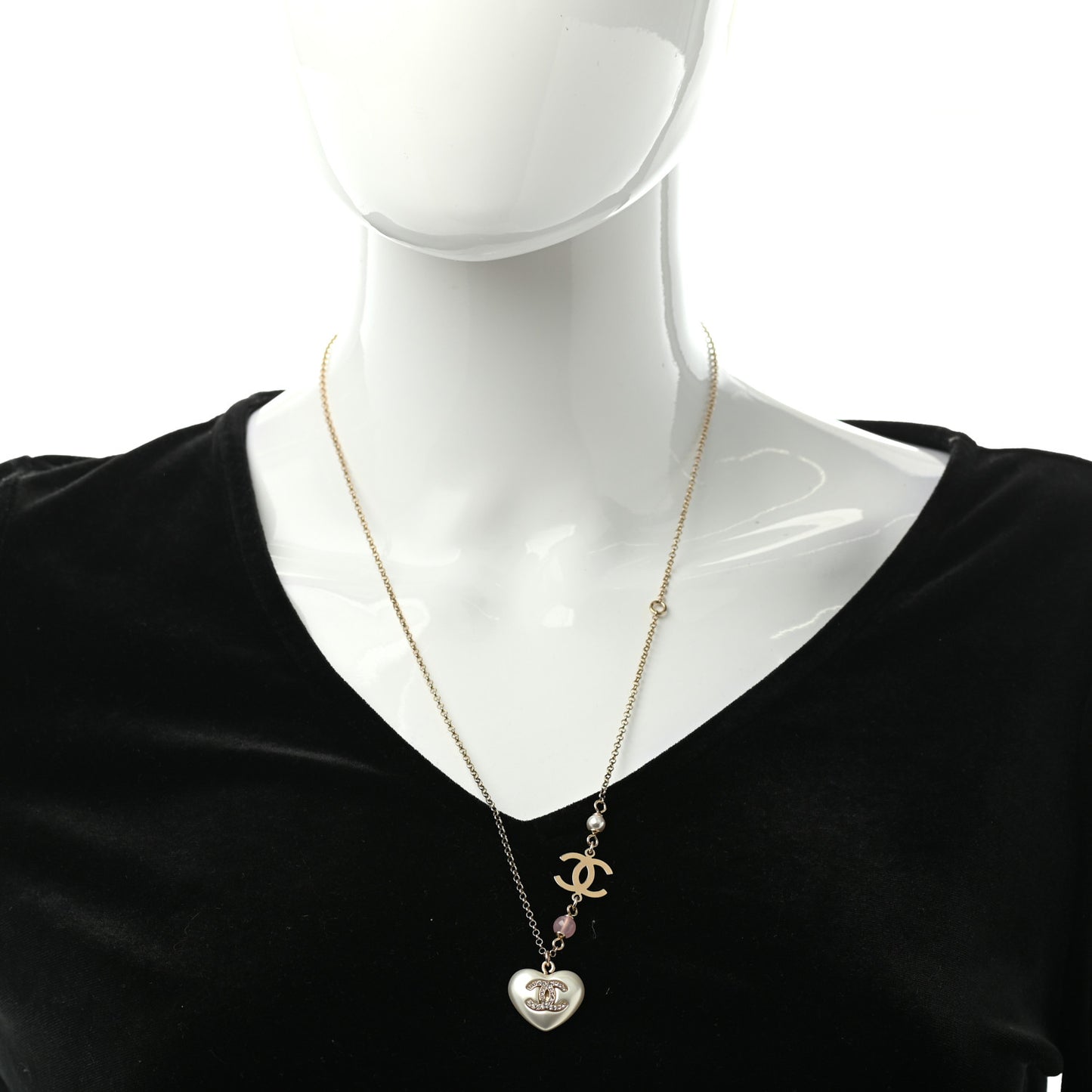 Resin Crystal CC Heart Necklace Pearly White Gold