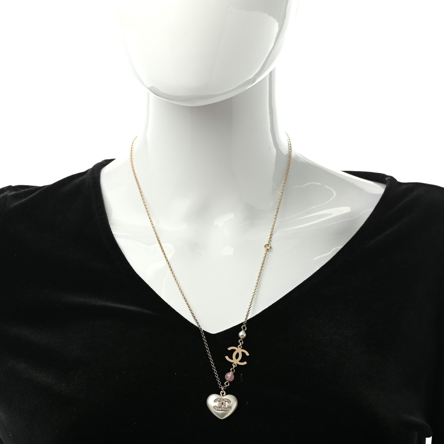 Chanel Resin Crystal CC Heart Necklace Pearly White Gold 2 of 5
