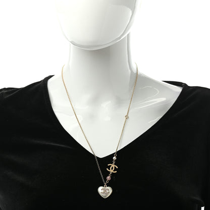 Chanel Resin Crystal CC Heart Necklace Pearly White Gold 2 of 5