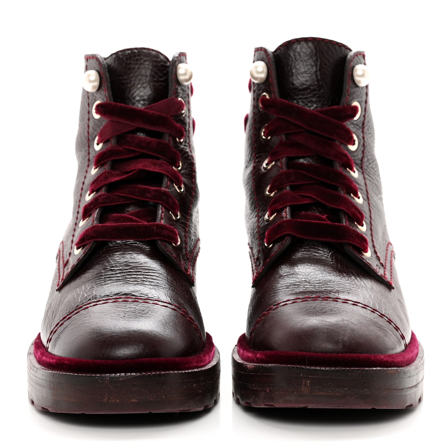 Chanel Shiny Calfskin Velvet Pearl Combat Short Boots 37.5 Burgundy 2 of 10