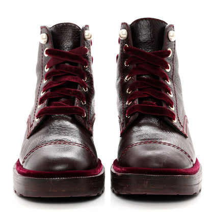 Chanel Shiny Calfskin Velvet Pearl Combat Short Boots 37.5 Burgundy 2 of 10