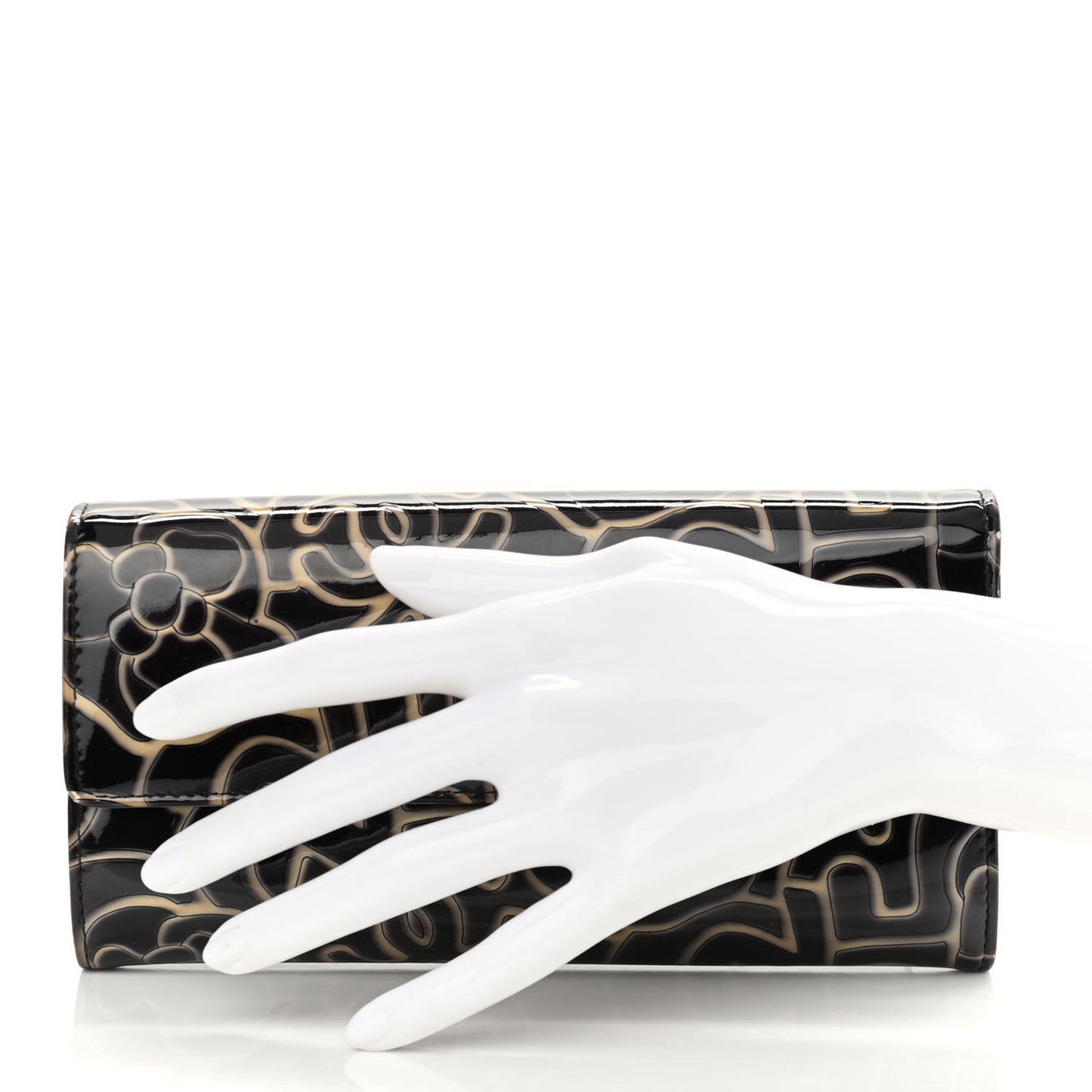 Patent Camellia Embossed Flap Wallet Dark Blue