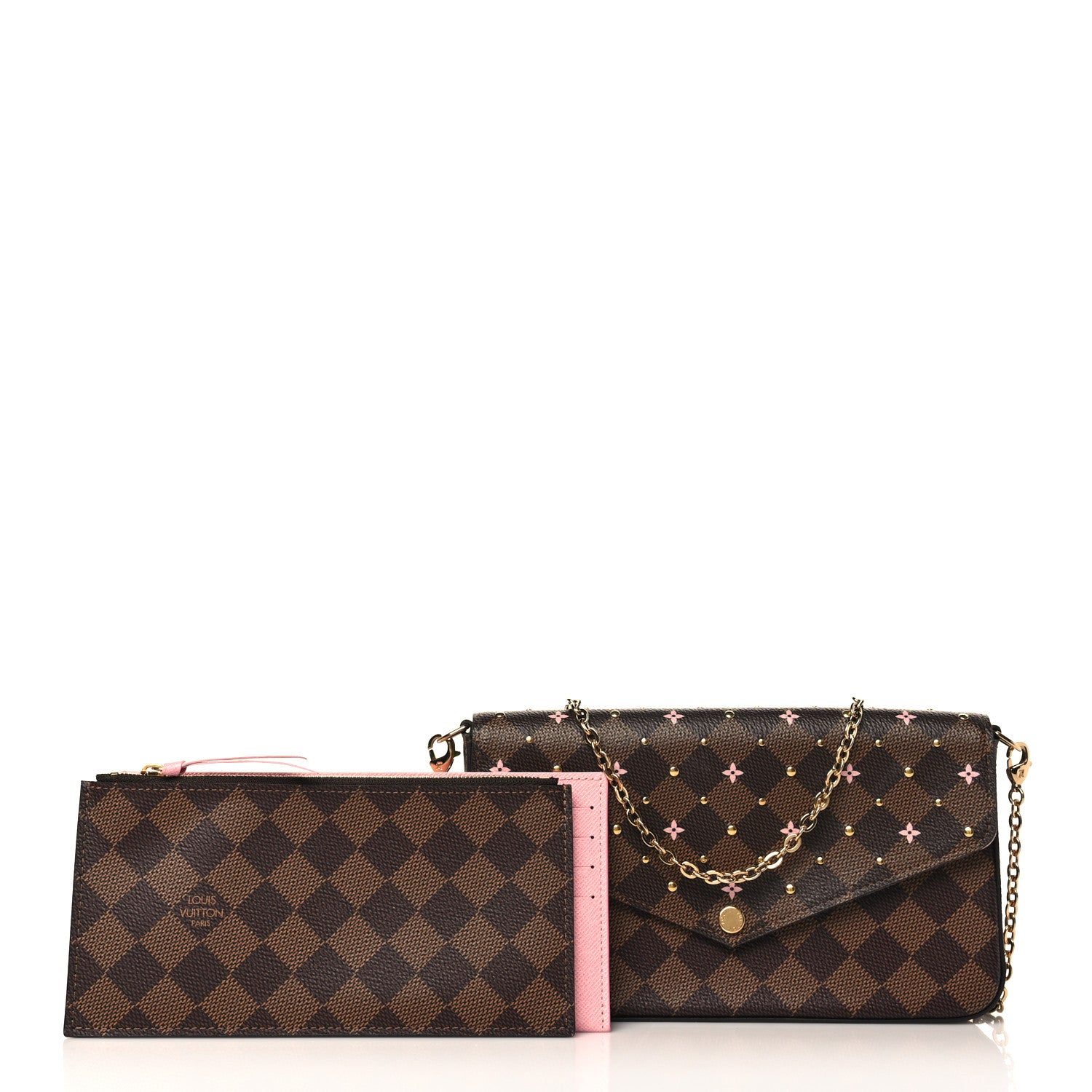 Louis Vuitton Damier Ebene Studded Pochette Felicie Chain Wallet 1 of 9