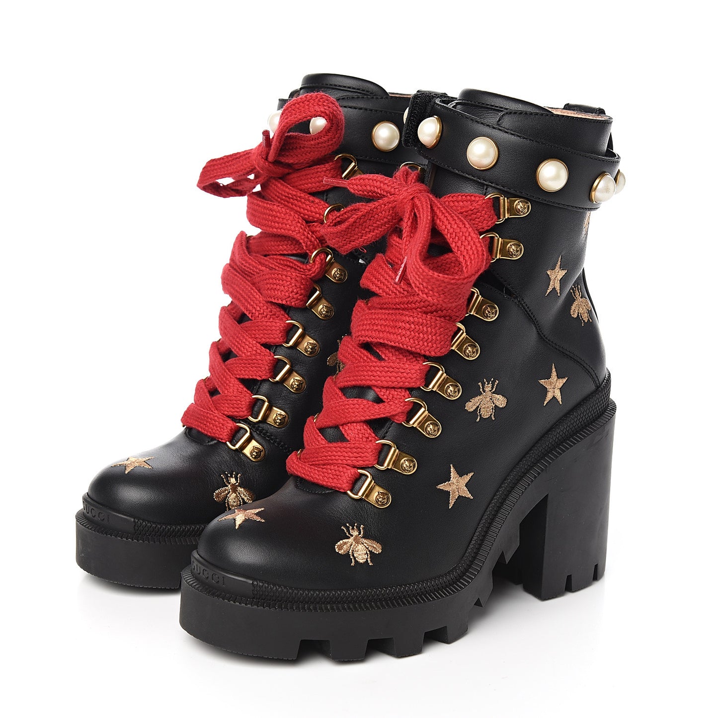 Calfskin Embroidered Lace Up Combat Ankle Boots 35.5 Black