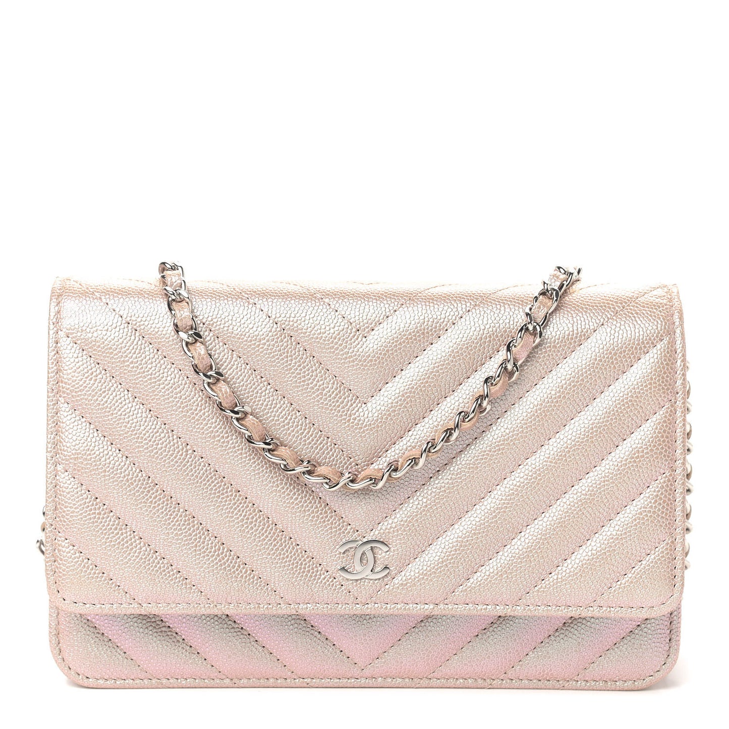 Metallic Caviar Chevron Quilted Wallet On Chain WOC Light Gold