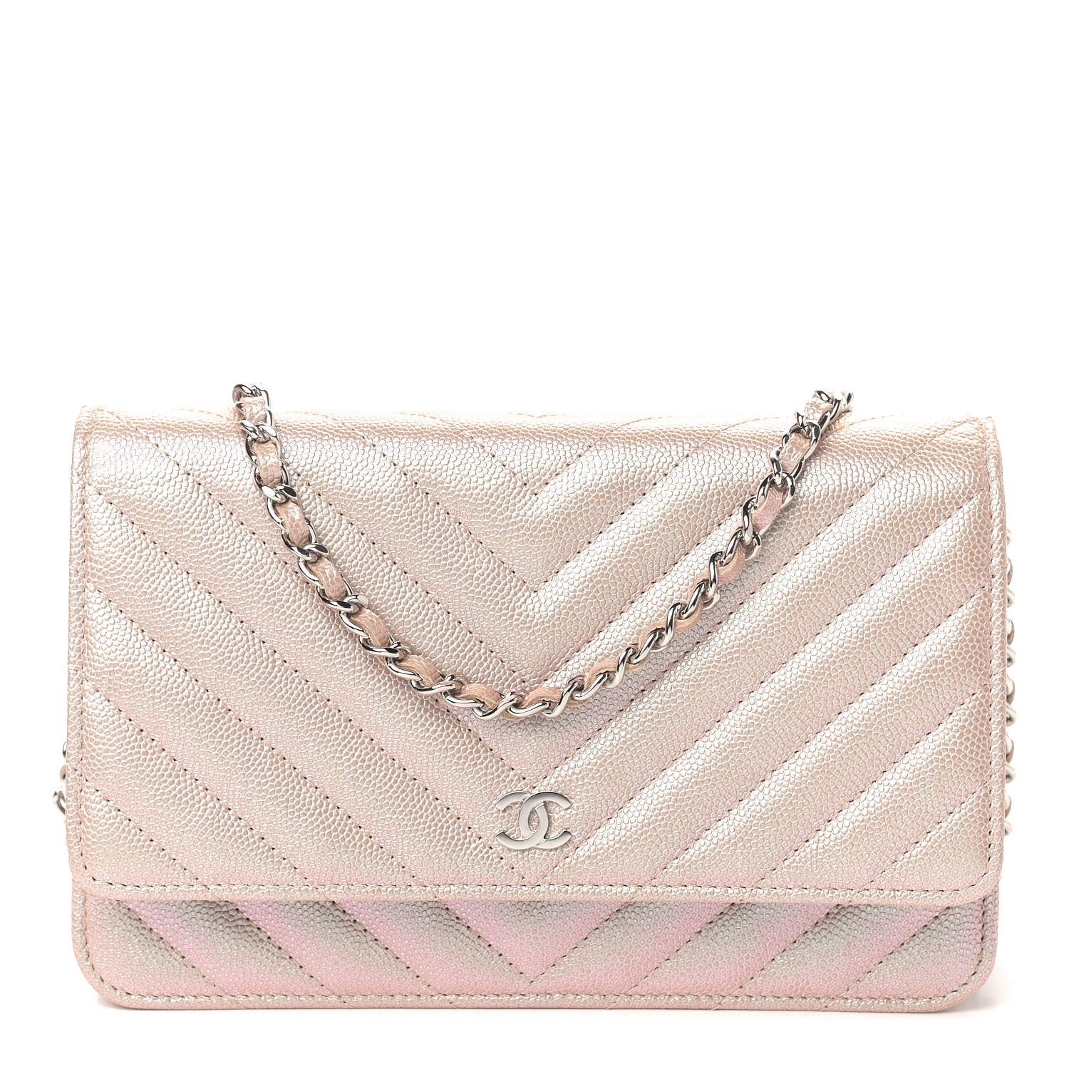 Chanel Metallic Caviar Chevron Quilted Wallet On Chain WOC Light Gold 1 of 12