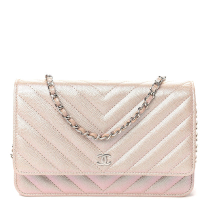 Chanel Metallic Caviar Chevron Quilted Wallet On Chain WOC Light Gold 1 of 12