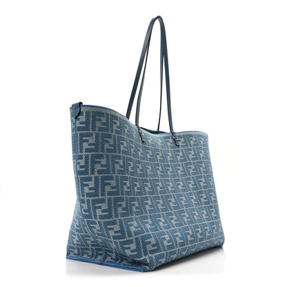 Fendi Pequin Vitello Effettto Denim Jacquard FF Reversible Large Shopping Tote Blue 5 of 16