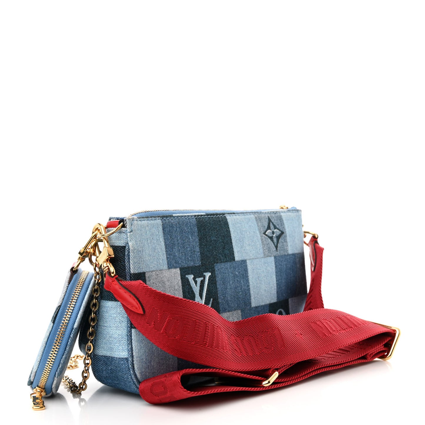 Denim Damier Monogram Patchwork Multi Pochette Accessories Blue Rouge