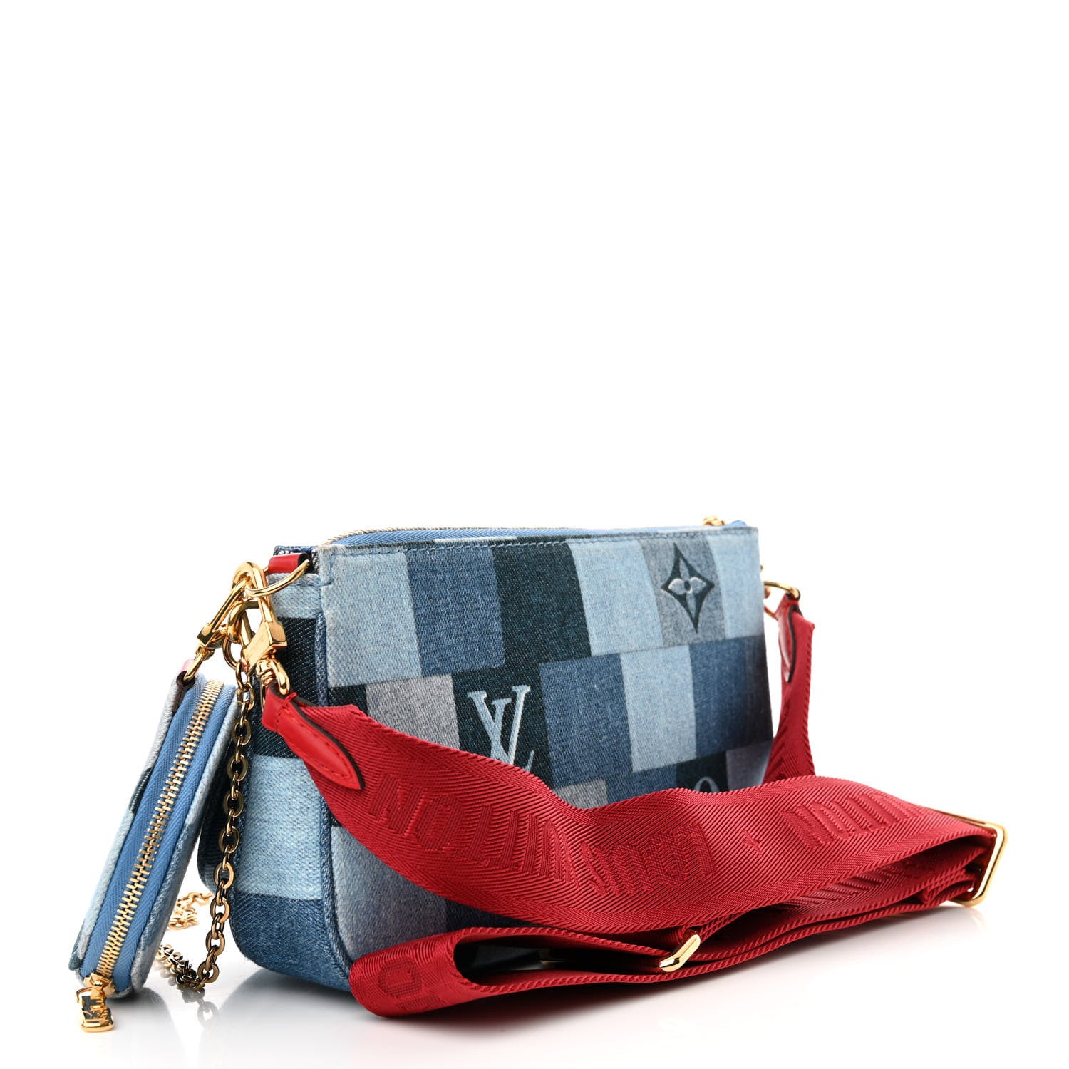 Louis Vuitton Denim Damier Monogram Patchwork Multi Pochette Accessories Blue Rouge 3 of 11