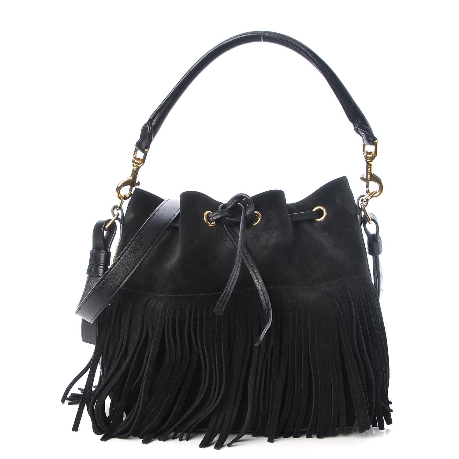 Saint Laurent Suede Calfskin Small Emmanuelle Fringe Bucket Bag Black 1 of 7