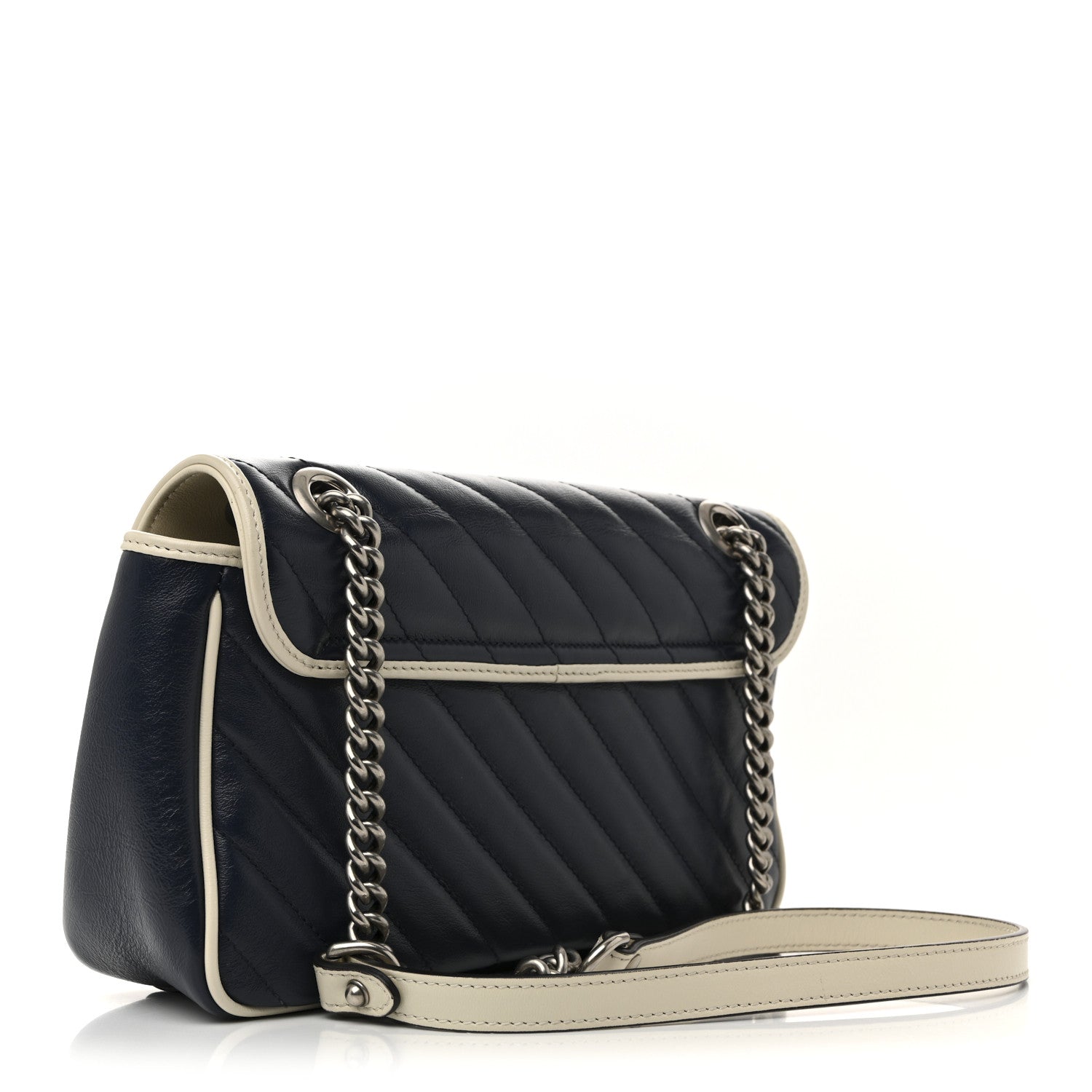 Gucci Vintage Effect Calfskin Matelasse Diagonal Small Torchon GG Marmont Shoulder Bag Blue Agata Mystic White 3 of 14