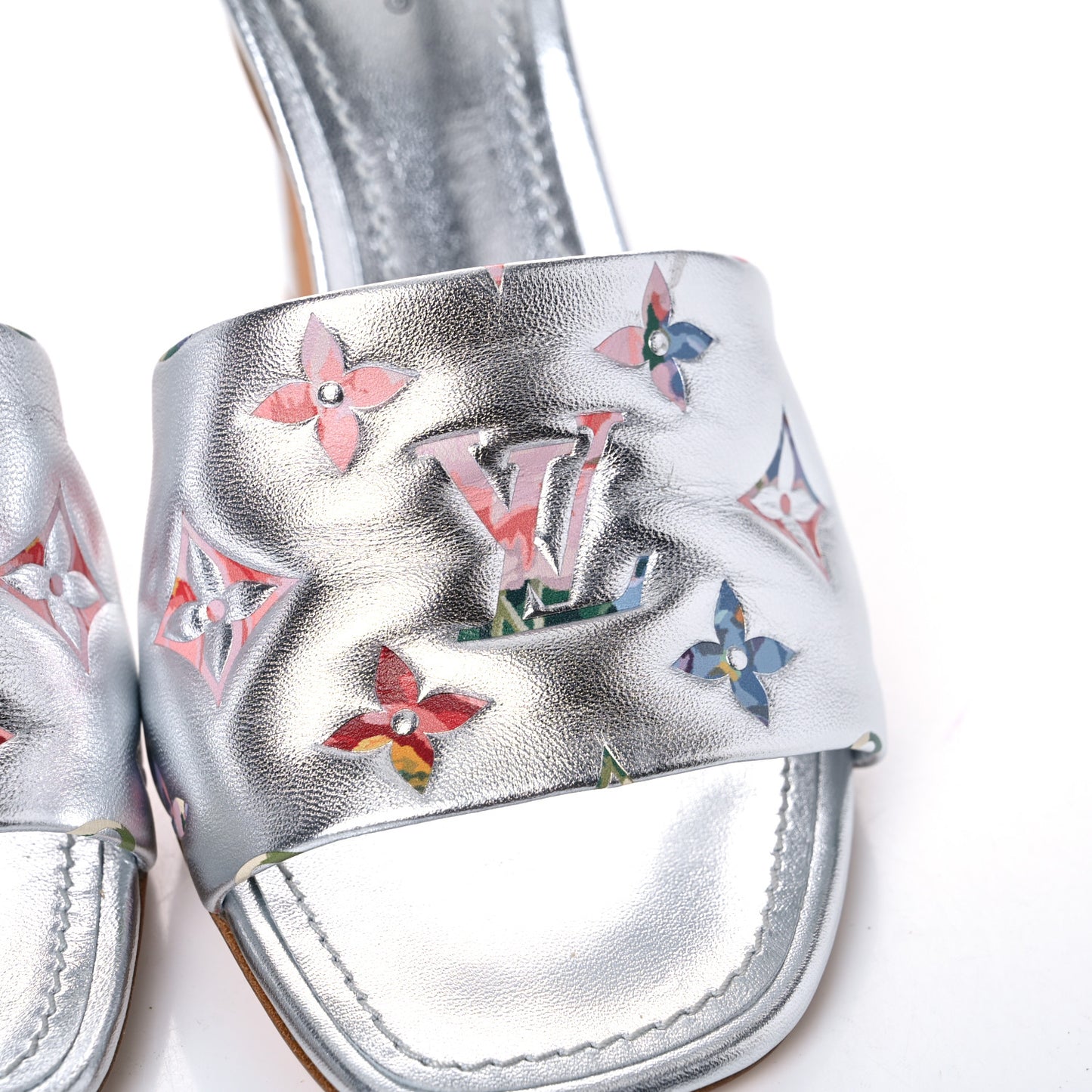 Metallic Lambskin Embossed Monogram LV Garden Revival High Heel Mules 37 Silver