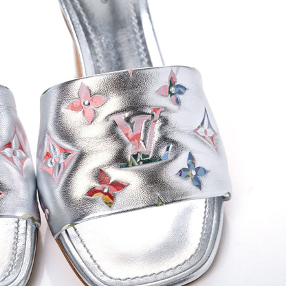 Louis Vuitton Metallic Lambskin Embossed Monogram LV Garden Revival High Heel Mules 37 Silver 9 of 13