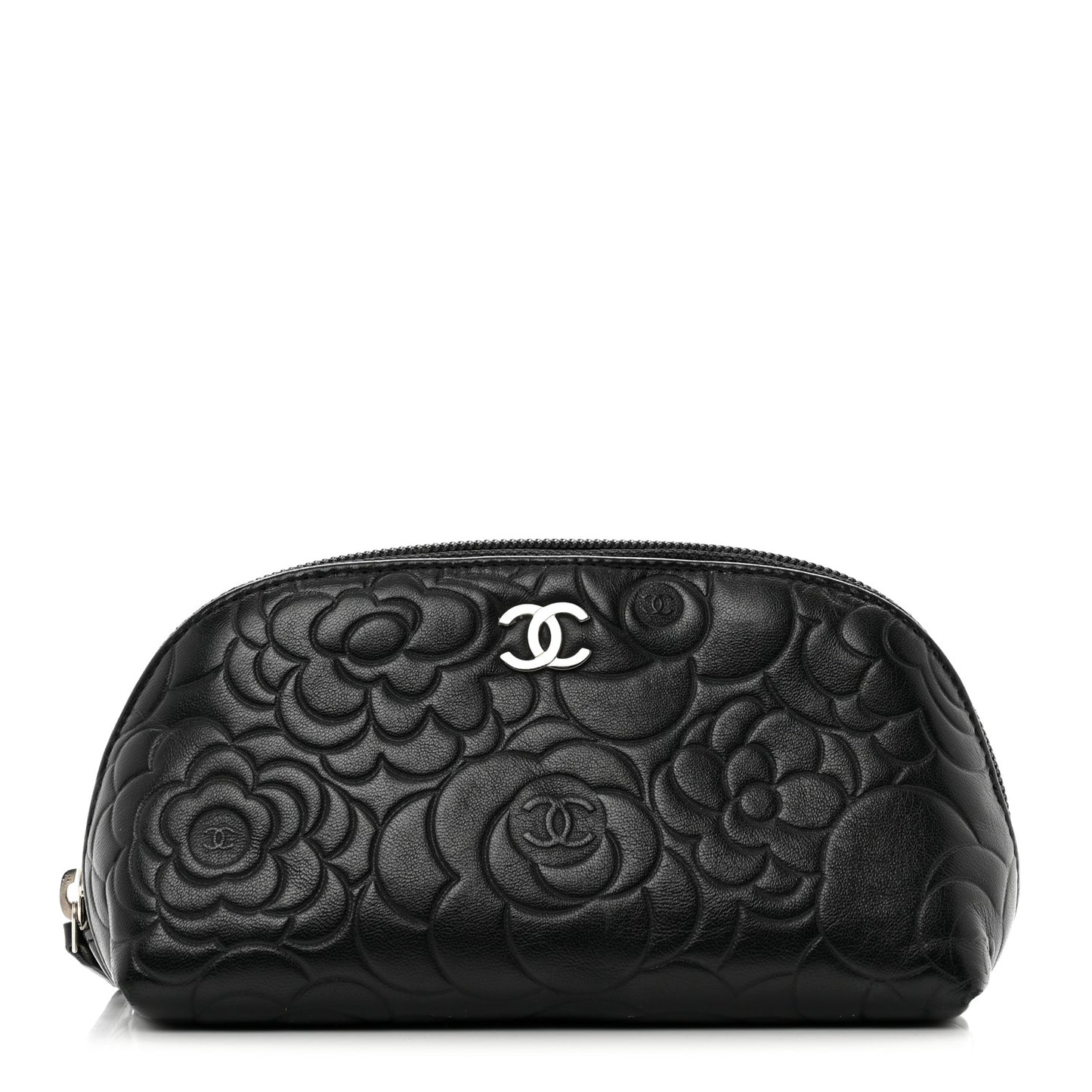 Lambskin Camellia Embossed Cosmetic Case Black