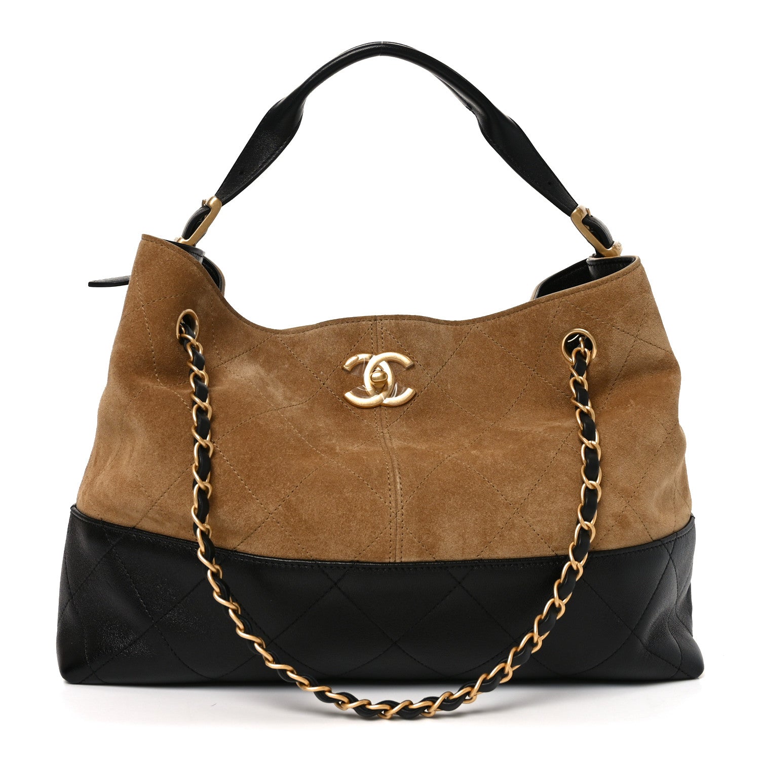 Chanel Suede Calfskin Shiny Lambskin Quilted Small Coco Base Shopping Bag Beige Black 1 of 10