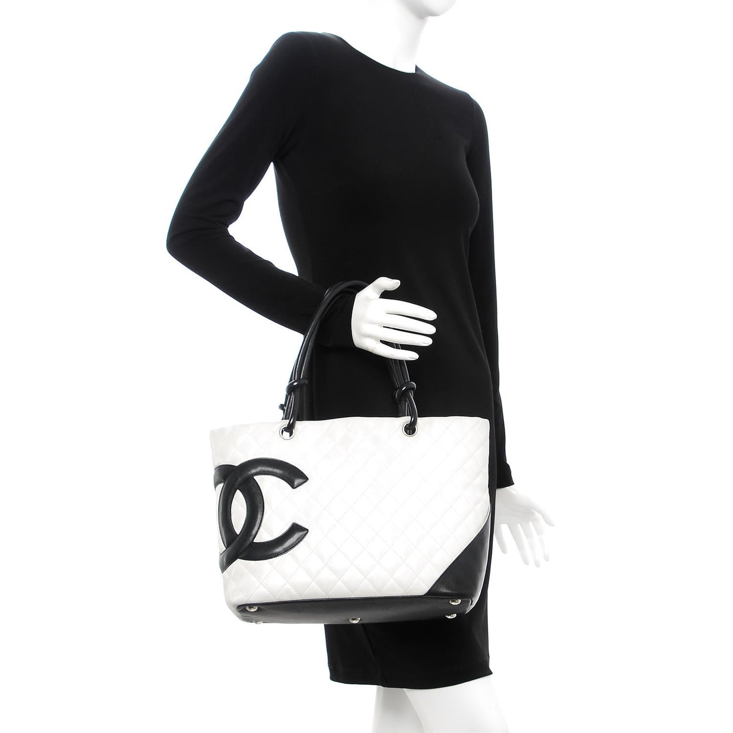 Calfskin Quilted Large Cambon Tote White Black