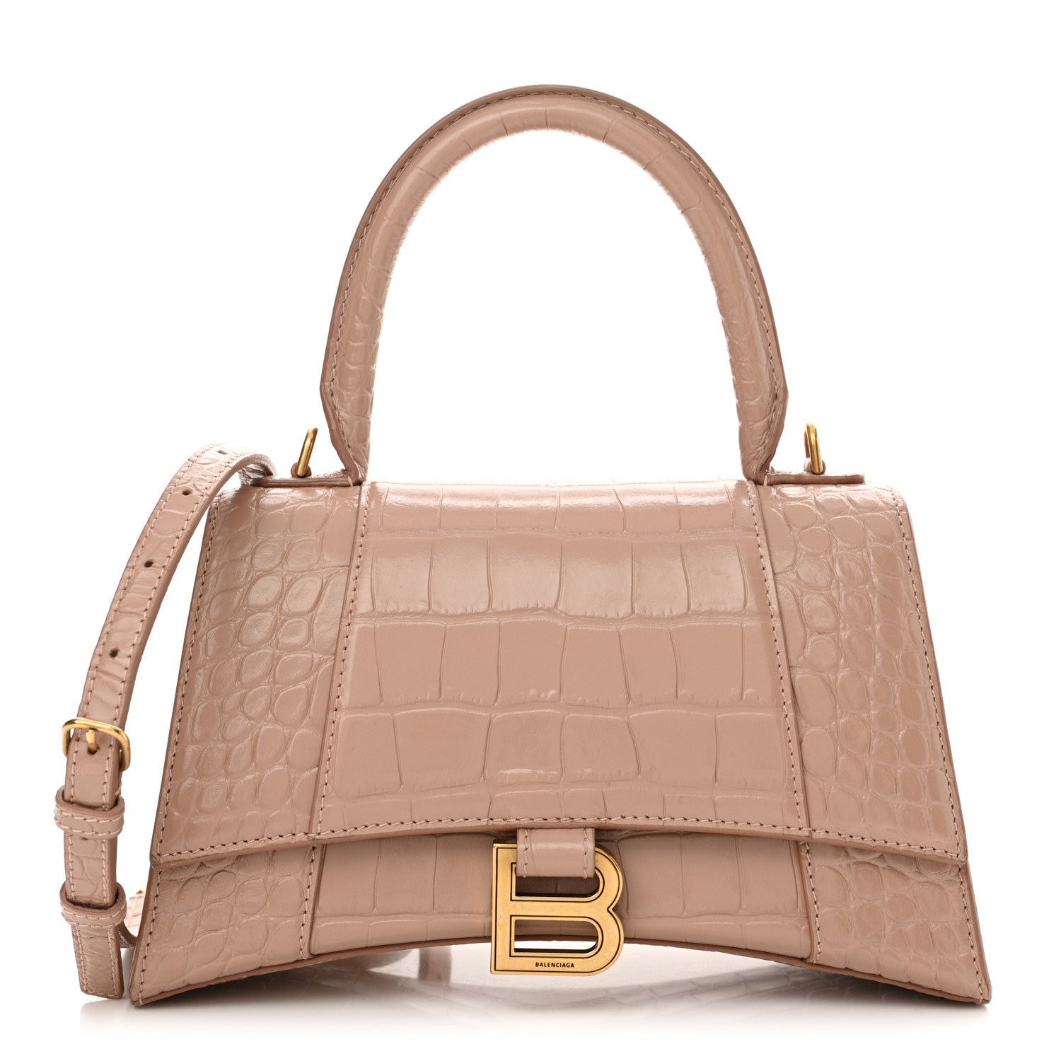 Balenciaga Shiny Calfskin Crocodile Embossed Small Hourglass Top Handle Bag Nude Beige 1 of 13