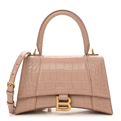 Balenciaga Shiny Calfskin Crocodile Embossed Small Hourglass Top Handle Bag Nude Beige 1 of 13
