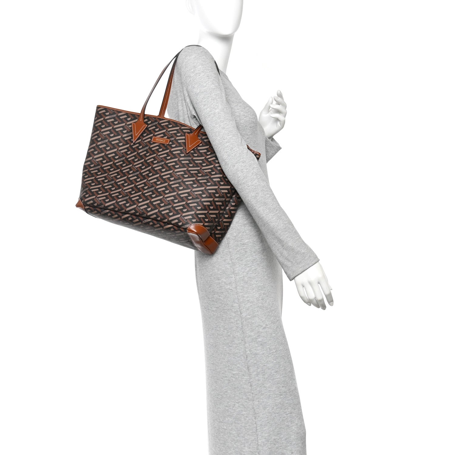 Versace Coated Canvas Calfskin La Greca Signature Shopper Tote Bag Black Caramel 2 of 10