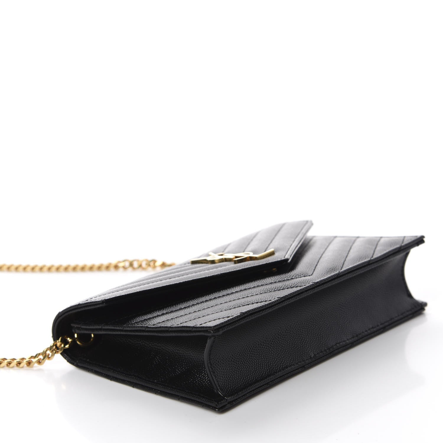 Saint Laurent Grain De Poudre Matelasse Chevron Monogram Envelope Chain Wallet Black 4 of 10