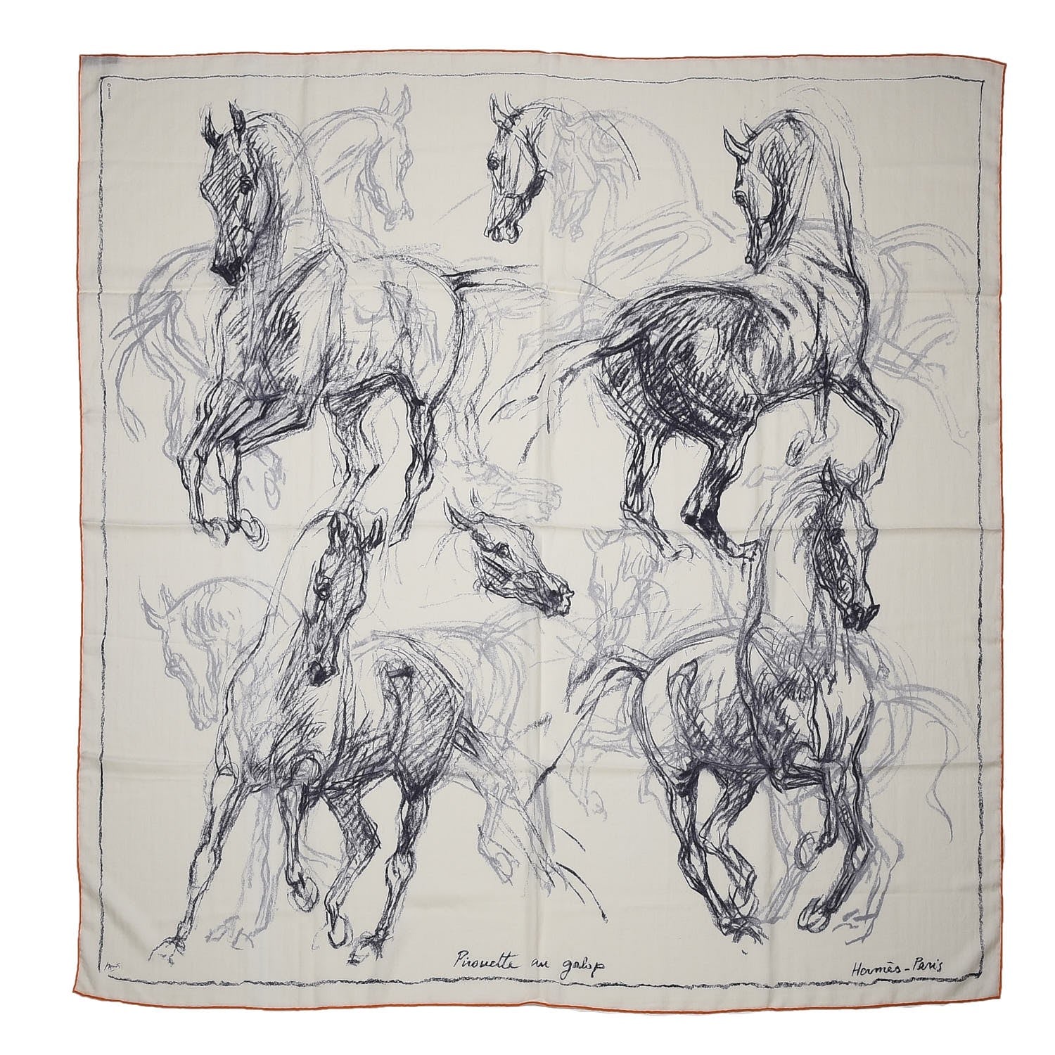 Hermes Cashmere Silk Pirouette au Galop Shawl 140 Blanc Noir Gris 1 of 7