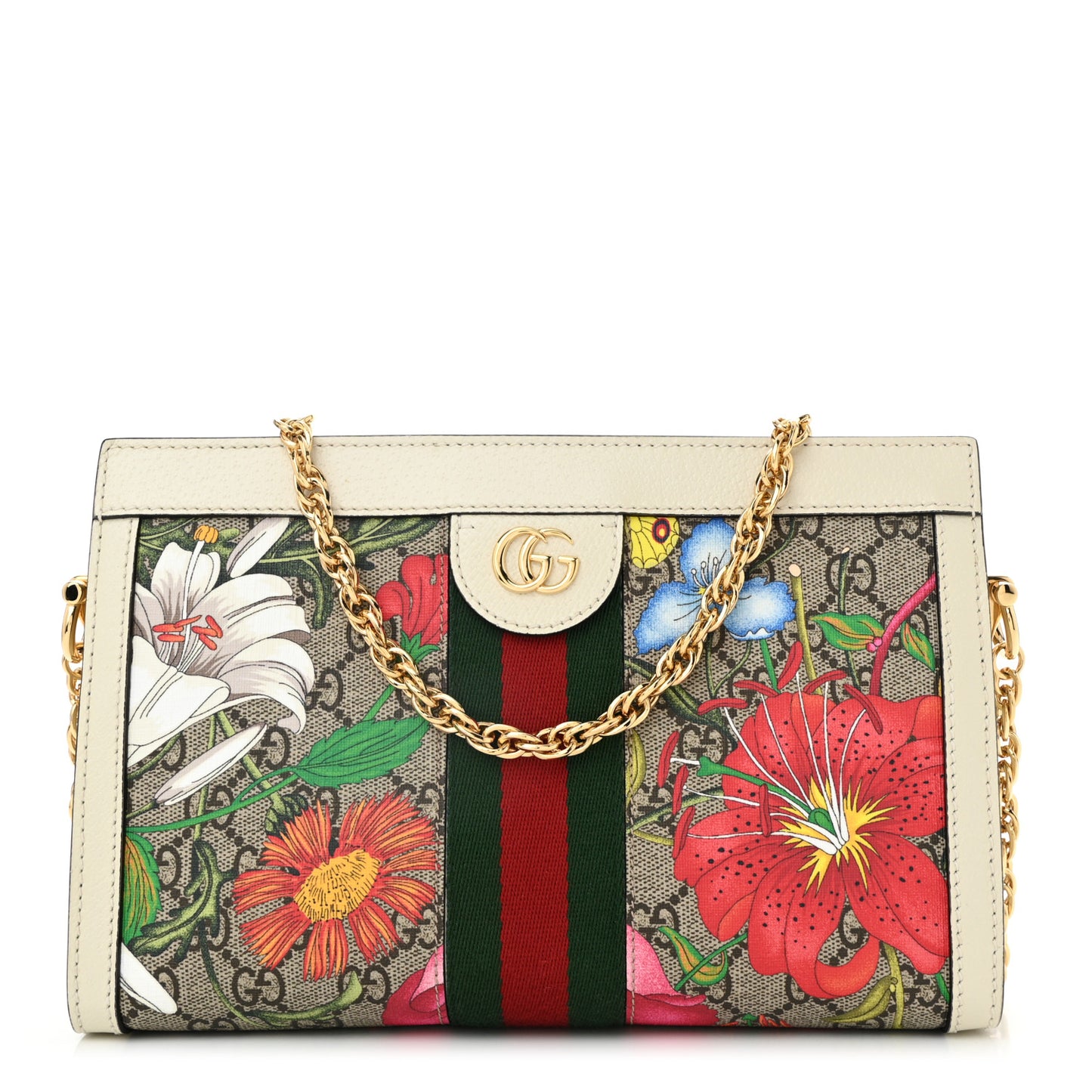 GG Supreme Monogram Flora Web Small Ophidia Chain Shoulder Bag White