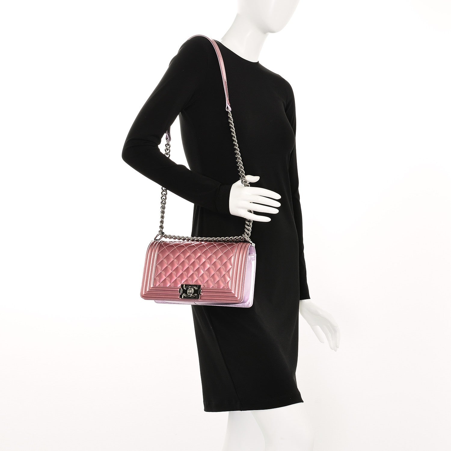Chanel Metallic Patent Calfskin Quilted Medium Boy Flap Light Pink 2 of 7