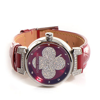 Louis Vuitton Stainless Steel Vernis Diamond 34mm Tambour Forever Quartz Watch Red 11 of 12