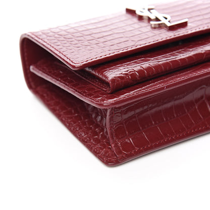 Saint Laurent Calfskin Crocodile Embossed Monogram Sunset Chain Wallet Palissandre 8 of 11