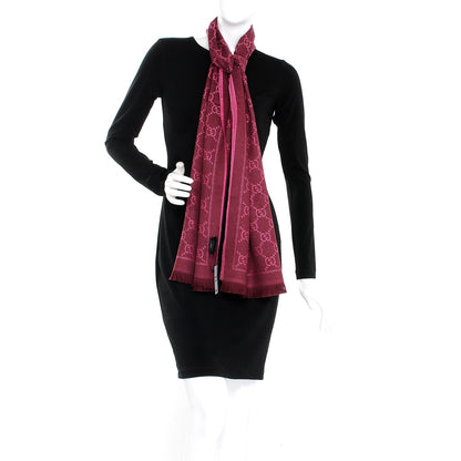 Gucci Wool Jacquard GG Monogram Sten Fringe Scarf Magenta Bordeaux 2 of 6