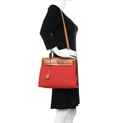 Hermes Vache Hunter Toile Herbag Zip 31 PM Rouge Tomate Natural 2 of 13