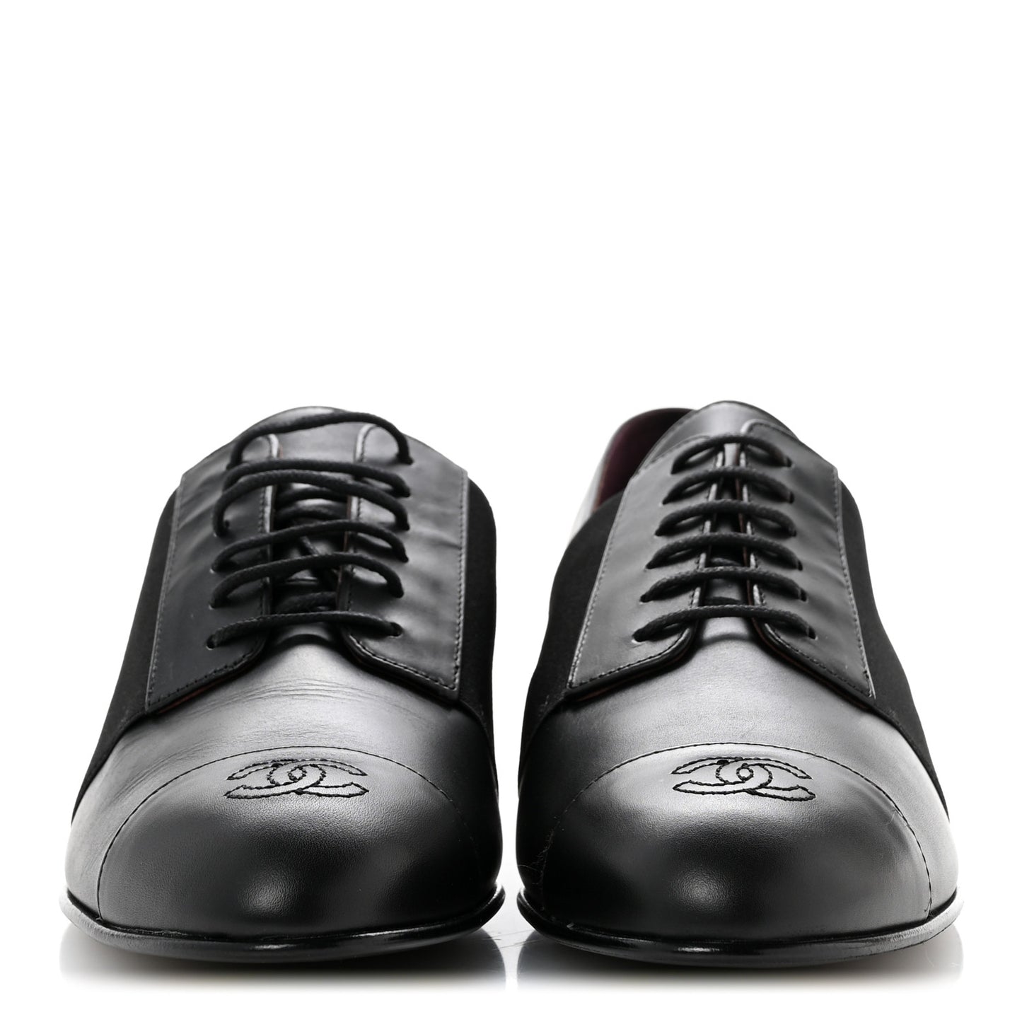 Calfskin Elastic Lace Up Cap Toe CC Loafers 40 Black