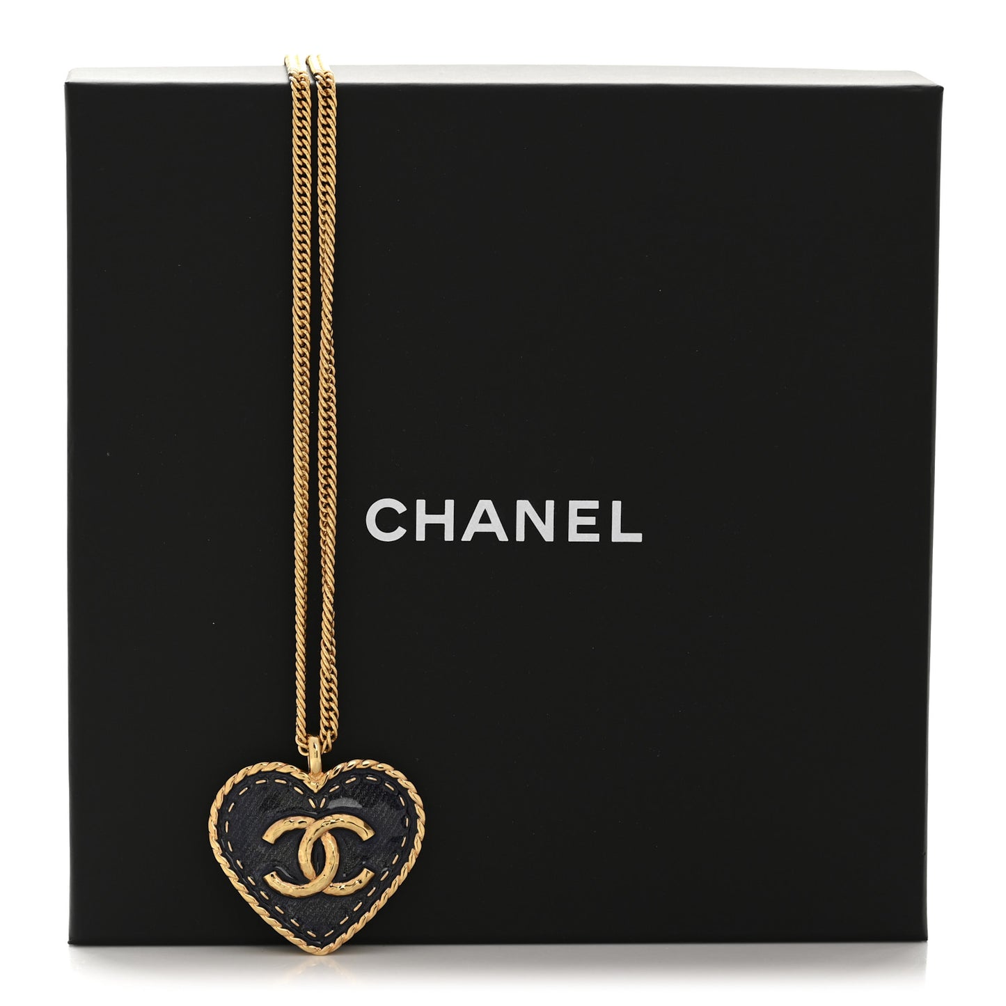 Metal Enamel CC Denim Heart Necklace Gold