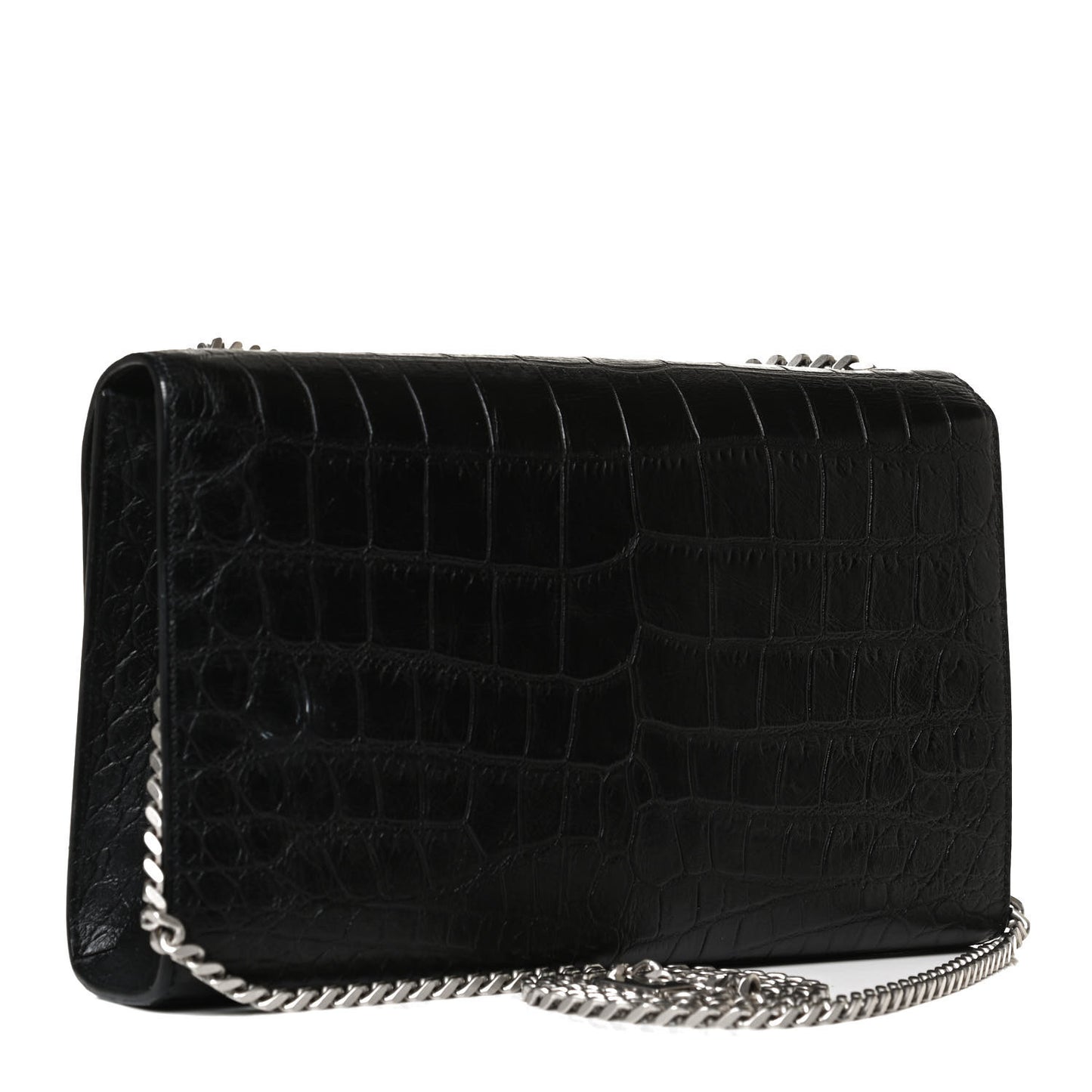 Calfskin Crocodile Embossed Medium Classic Monogram Kate Tassel Satchel Black