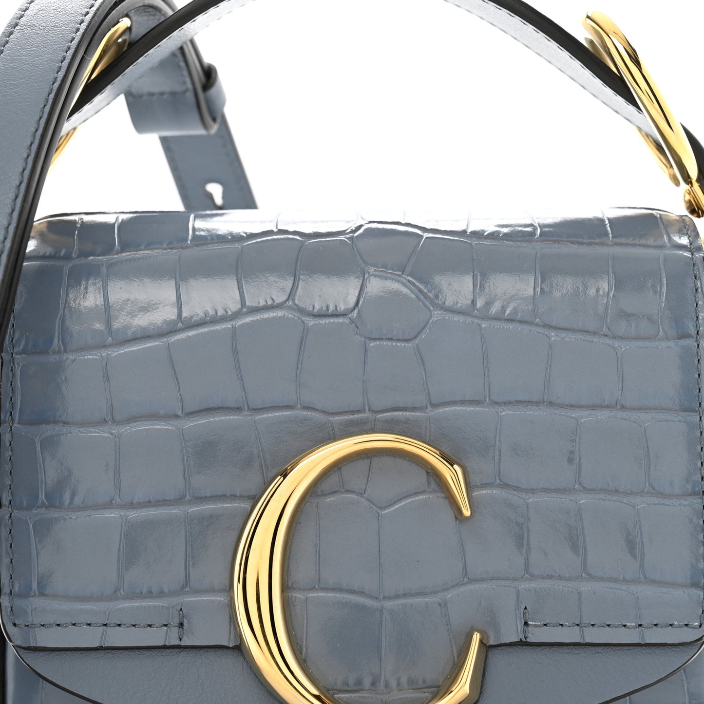Calfskin Crocodile Embossed Mini C Double Carry Ash Blue